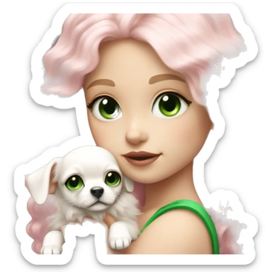 pale blond yt girl with wavy long platinum white hair with bright green eyes holding a white chihuahua puppy that wearing a pink bow sticker