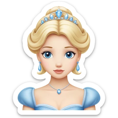 Cinematic Elegant Cinderella Portrait Emoji, rendered in a realistic, vector-style with minimal shading and bold, simplified shapes. Depict Cinderella in her classic ball gown (chest and above) with fair, porcelain skin and elegantly styled blonde hair, her eyes soft and kind, and her expression serene and graceful. The design glows with a gentle, enchanting radiance and high shine, capturing the timeless beauty of a fairy tale princess. sticker