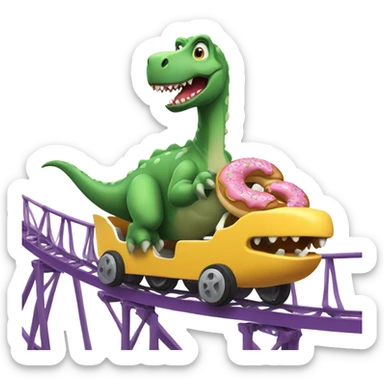 A dinosaur eating a doughnut on a roller coaster ￼ sticker