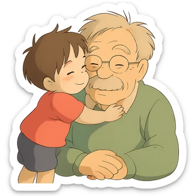 small kid showing affection to their granddad, gentle and heartwarming sticker