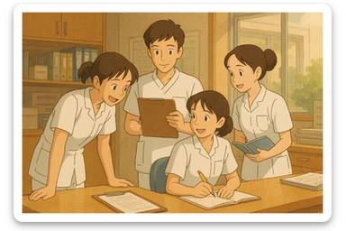 Ghibli illustration of four nursing students in a care station, all wearing white short-sleeve uniforms, medical tunics with V-neck and left chest pocket, no collar stand or stethoscopes, no fabric under sleeves, friendly atmosphere, visible collaboration sticker