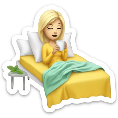 Sick blonde lady in bed with a yellow blanket drinking mint tea sticker