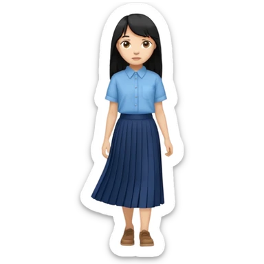 hair : black long hair with fringe 
skin : light 
cloth : oversize light blue shirt + navy long long skirt 
motion : walking  sticker