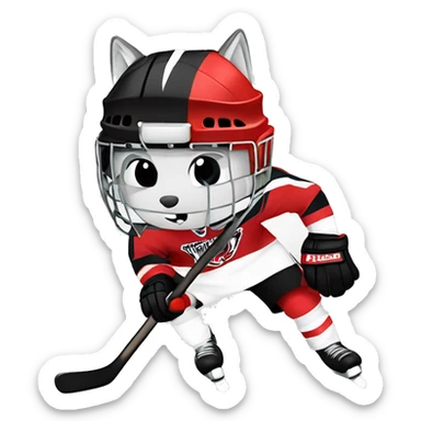 A wolf hockey player in a white red and black uniform holds a puck sticker