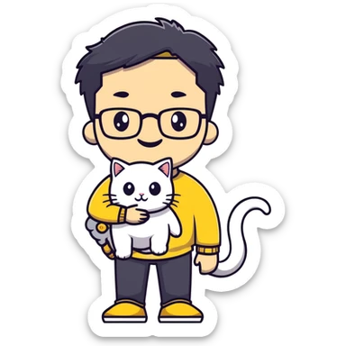 Young man with warm yellow-toned skin, long face, black back-length hair, large eyes, thin-rimmed square glasses, smiling gently while holding a grayish-white Munchkin cat with short legs and a gray patch under its mouth sticker