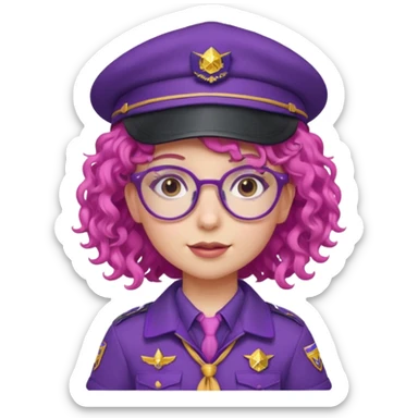 scout girl with pink curly hair and uniform and hat and glassess and purle uniform sticker