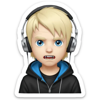 boy vampire whit blonde emo hair and eyes blue and grey skin and heandphones black AND A MICROFONE AND GOLD TEETH and agesive face and the hoodie black  sticker