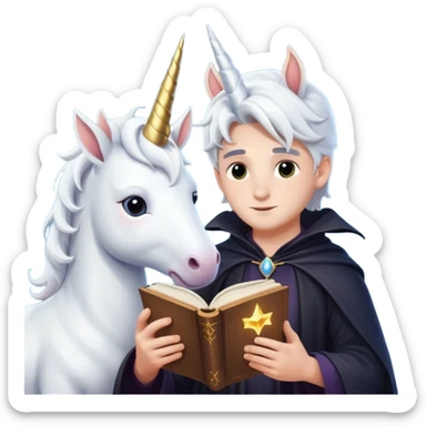 Cute male witch laying next to a unicorn, reading a magic book sticker
