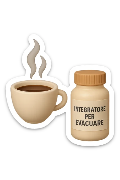 EMOJI STILE IPHONE 3D DI un caffè e di una boccetta di integratore con la scritta "INTEGRATORE PER EVACUARE" SULL'ETICHETTA CHE FLUTTUANO IN ARIA, iperrealistico 4k sticker