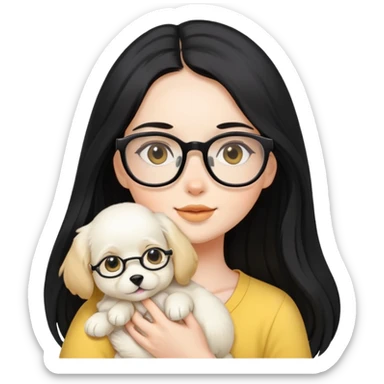 A beautiful girl with long black hair and glasses is holding a long-haired white and yellow puppy sticker