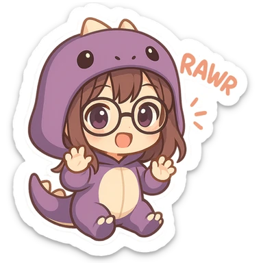 chibi anime style girl with glasses, brown hair, dark purple eyes, wearing a purple dinosaur costume, saying 'rawr' in a cute playful way sticker