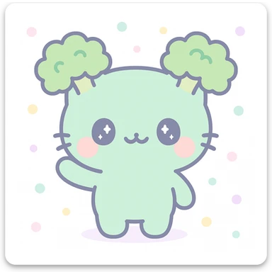 broccoli cat standing and waving, broccoli top as ears, soft and fuzzy, kawaii style sticker