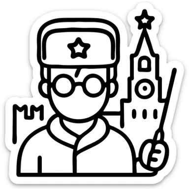 Harry Potter character with lightning scar, round glasses, holding wand, wearing ushanka Russian hat with Red Square in background sticker