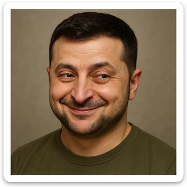 Vladimir Zelensky, photorealistic, emoji style, sly smirk, mischievous eyes sticker