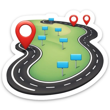 Very simple navigation map icon, bold clean lines, curved road with location pin, Waze style colors, flat design, minimal, no background
 sticker