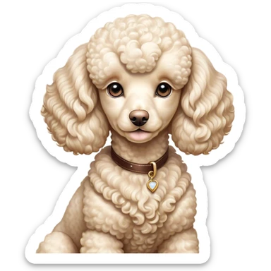 Cinematic Noble Cream Poodle Portrait Emoji, Poised and regal, with a refined, elegant build and a meticulously groomed, curly cream Fur, deep-set soulful warm eyes, Simplified yet sharp and sophisticated features, highly detailed, glowing with a soft, dignified glow, high shine, intelligent and graceful, stylized with an air of sophistication, focused and attentive, soft glowing outline, capturing the essence of a watchful and confident companion, so majestic it feels as though it could prance out of the screen with effortless authority! sticker