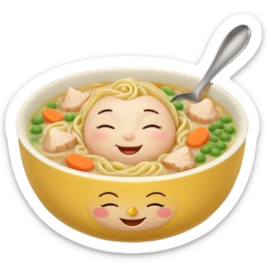 round ceramic bowl in soft yellow filled with chicken noodle soup with spiraled noodles chicken pieces carrots peas bowl with cute content face closed eyes gentle smile rosy cheeks relaxed expression steam rises heart shapes spoon rests inside soft glow surrounds bowl sticker