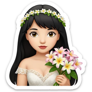 Latina girl with bangs black long hair plus size lace wedding dress with plumeria bouquet sticker