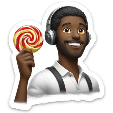 A black man with headphones sucking a lolipop sticker