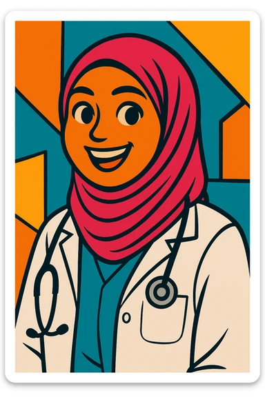 Make the hijabi a doctor in a vibrant cartoon style, smiling and friendly. sticker