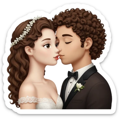 A couple kissing, the man would be white-skinned, mid fade-curly, brown-hair. The serious woman with white skin, long hair and brown color sticker