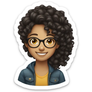 smiling brown teenager girl with long black curly hair and round glasses sticker