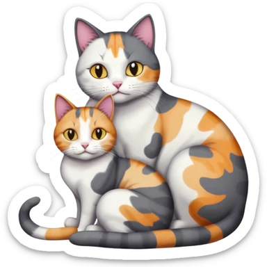 full body large dark grey and white cat cuddling a colourful light patched calico + white tabby cat  sticker