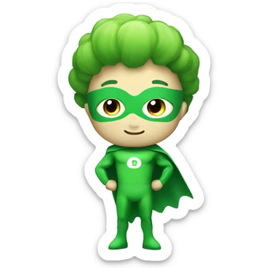 kawaii cute funny mini superhero with green clothes and a broccolis as hair,  full body saying hello sticker