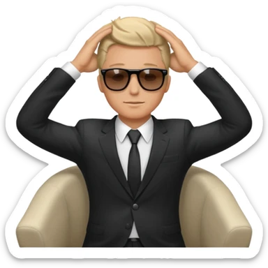 white man in formal suit wearing sunglasses resting with hands behind head sticker