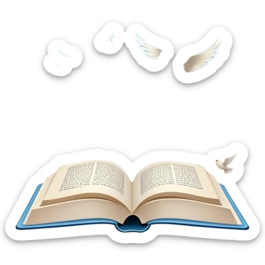 Icon for Poetry Reading: an open book with verses on the pages, from which fly pages transforming into a large flock of small white birds soaring into the blue sky. The icon should evoke the freedom and beauty of poetry. Transparent background. sticker
