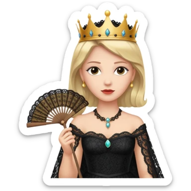 A stern queen with dark lace dress, holding a fan and observing with authority.
 sticker