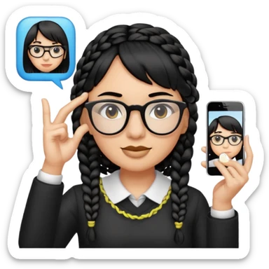 Black hair is braided to the left, bangs, horn-rimmed glasses, and only the eyes of the emoji taking a mirror selfie with iPhone white are visible, and the nose is covered with the iPhone sticker