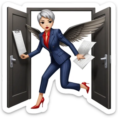 Gender: Female Hair: Silver-streaked black pixie cut Face: Sharp winged eyeliner, blood-red lipstick Clothes: Pinstripe pantsuit with stiletto heels Action: Storming through doors with document tornado trailing sticker