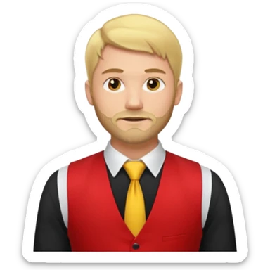 A blond man wearing a black dress shirt, red tights, and a yellow tie. A red vest over his black shirt. A blond man with dark blond hair and a short beard. His outfit consists of a black shirt, a red vest over it, and a yellow tie. sticker