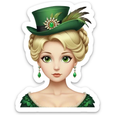 lady with Pale complexion, sharp features, high cheekbones, Blonde hair, green eyes accessorized with a feathered small hat, Regency-era elaborate updo sticker