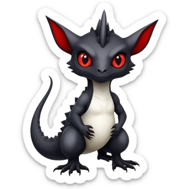 a white exotic edgy vernid-fionbri-creature, with black belly and red eyes, full body sticker