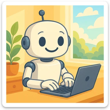 a robot typing on a laptop, friendly, for a writing assistant sticker