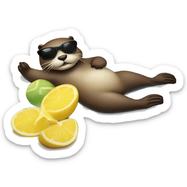 Otter lying on his back on a beach towel with a parasol beside him, sunglasses and lemonade in his hand. sticker