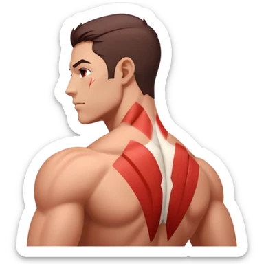 back of regular person with a highlighted Red back muscles (latissimus dorsi, trapezius, rhomboid, etc) sticker