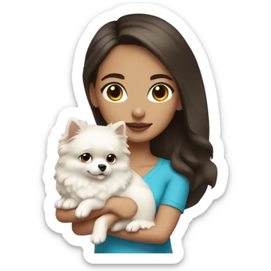 Brunette girl with light skin and Blue eyes holding a white pomeranian  sticker