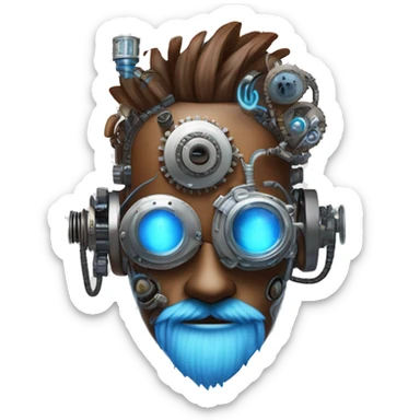 Brown cyborg head with blue Mohawk, blue beard, silver steampunk monocle goggles a smile and circuits sticker