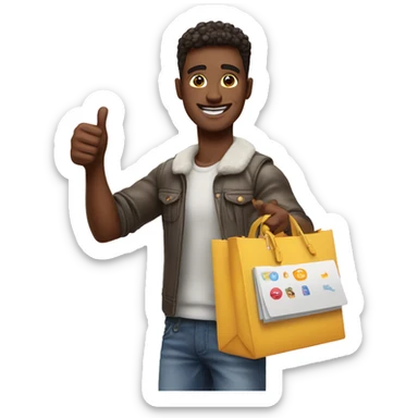 influencer man promoting a bright purchase in her arms and thumb up sticker