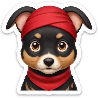 Shadow is a mixed-breed dog, a cross between a Belgian Malinois and a Border Collie. He has a sleek black coat, big upright ears, and bright, intelligent eyes. He wears a red bandana around his neck, which gives him a strong and distinctive look. sticker