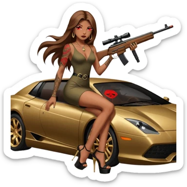 Lilith tan skinfemale red eyes symbol. Tattoo arms. Her hair is brown straight long hair.wearing sexy long sexy dress with slit. black stiletto thick platform high heels shoes on. Sitting on gold giant luxury car with cash inside . She is holding a sniper rifle in one hand cash in other hand sticker