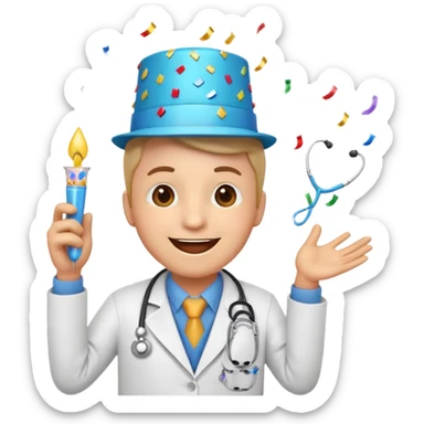 cheerful birthday emoji featuring a doctor with a stethoscope, party hat, and confetti, smiling and celebrating sticker