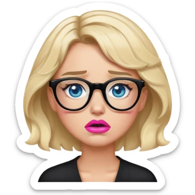 Blonde woman with short wavy hair, blue eyes and pink lips wearing black glasses crying  sticker