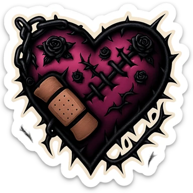 Add more gothic details including chains, thorns, and tiny black roses. Keep the black and pink gothic heart with stitches and bandages. Maintain the retro stickers style with no background. sticker