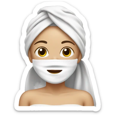 white skin girl with her hair in a towel and a facial mask on sticker