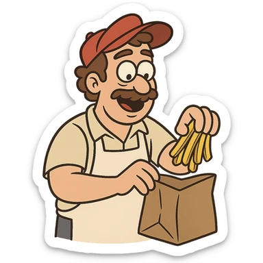 man putting fries in a brown paper bag, cartoon style sticker
