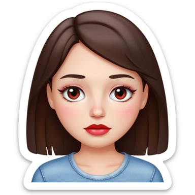 “Emoji brunette girl white top, dewy skin, heavy blush across cheeks and nose bridge, glossy cherry lips, soft eyeliner, teary sparkling eyes like hanni from new jeans sticker